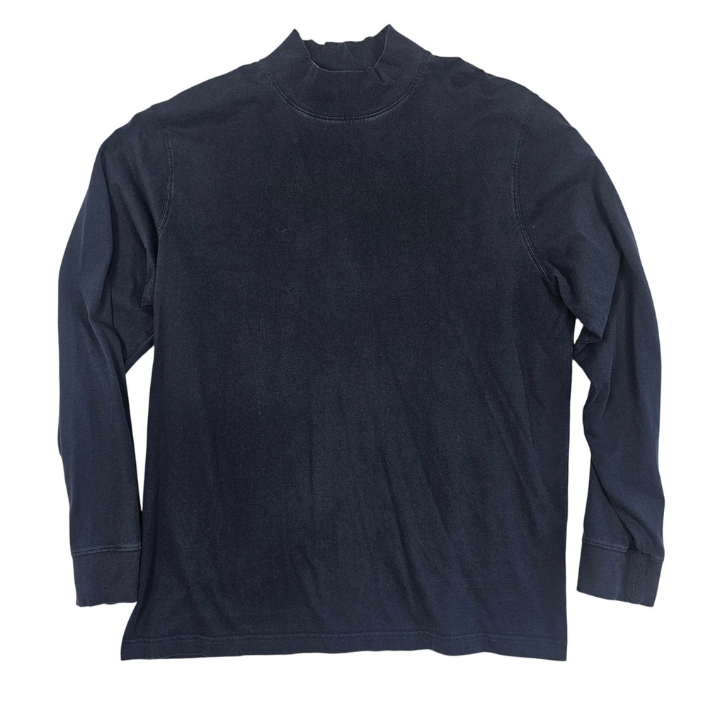 LL Bean Mens Large Mock Neck Long Sleeve Shirt Navy Blue Cotton Traditional Fit